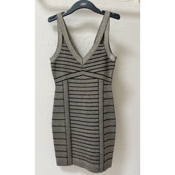 Guess Arianna Lurex Bandage Dress Medium Jet Black/Gold - Picture 1 of 8